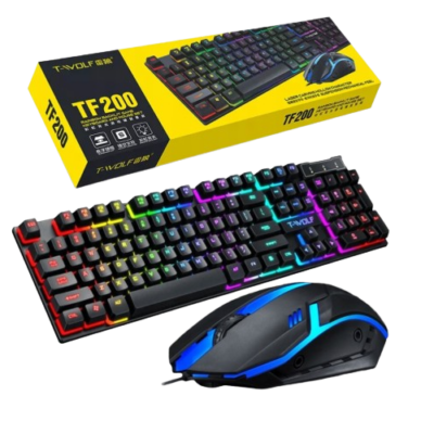 T-WOLF TF200 wired gaming keyboard and mouse combo with backlit LED lights